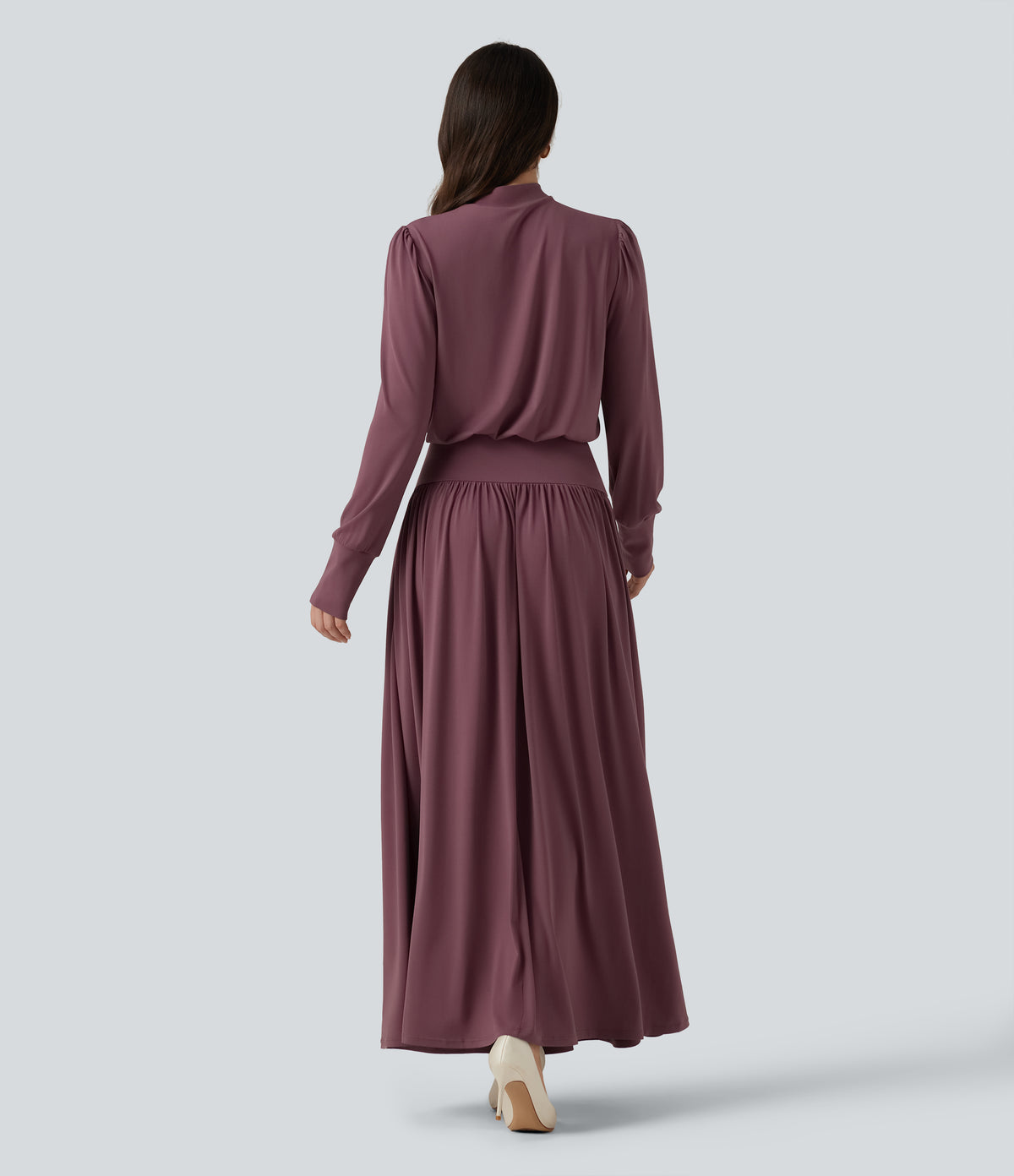 Mock Neck Long Sleeve Ruched Party Maxi Dress with Pockets — Tulipwood — view 2