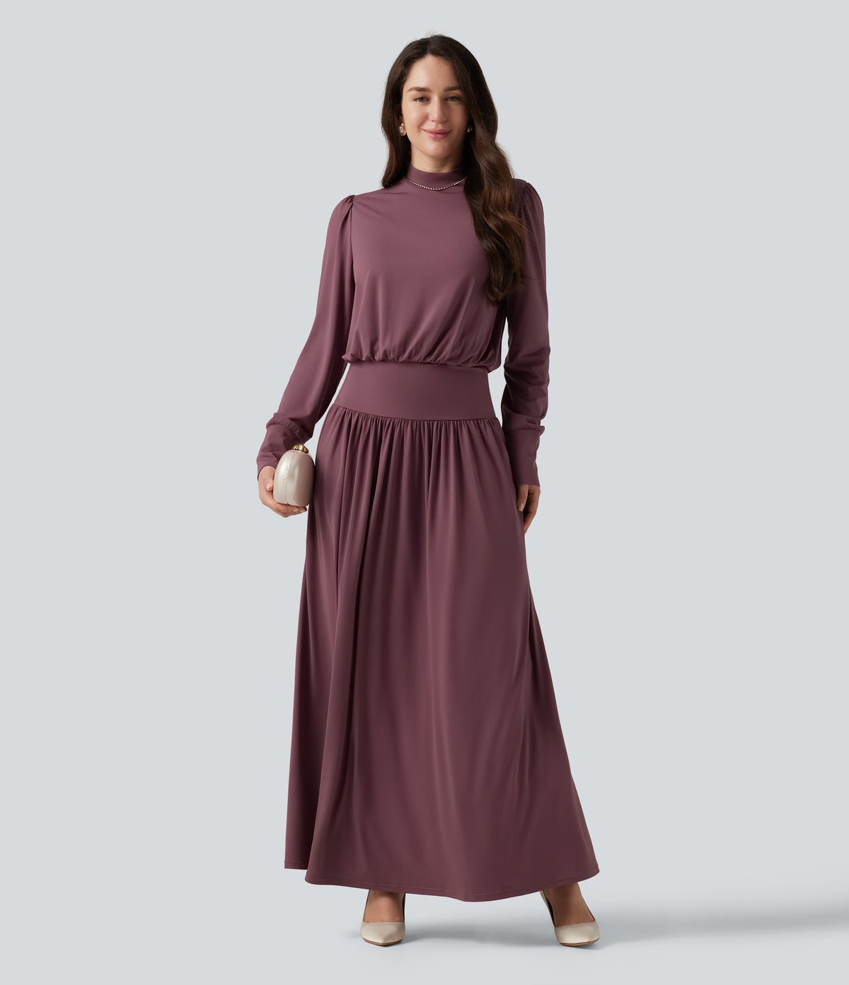 Mock Neck Long Sleeve Ruched Party Maxi Dress with Pockets — Tulipwood — view 1
