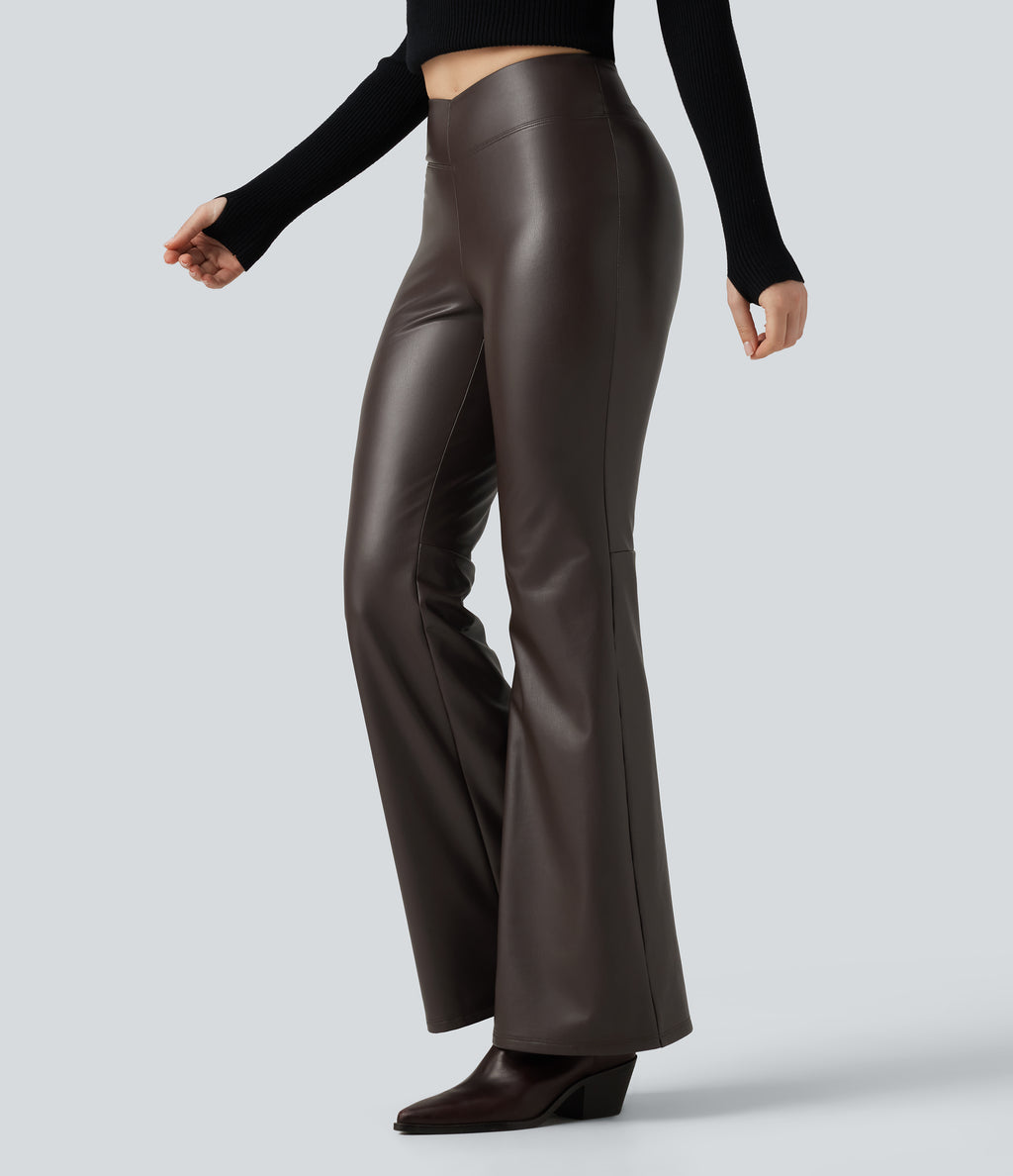 Mid Rise Stretchy PU Fleece Bootcut Casual Trousers with Pocket — Hot Fudge — view 3