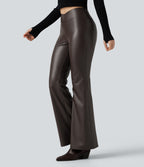 Mid Rise Stretchy PU Fleece Bootcut Casual Trousers with Pocket — Hot Fudge — view 3