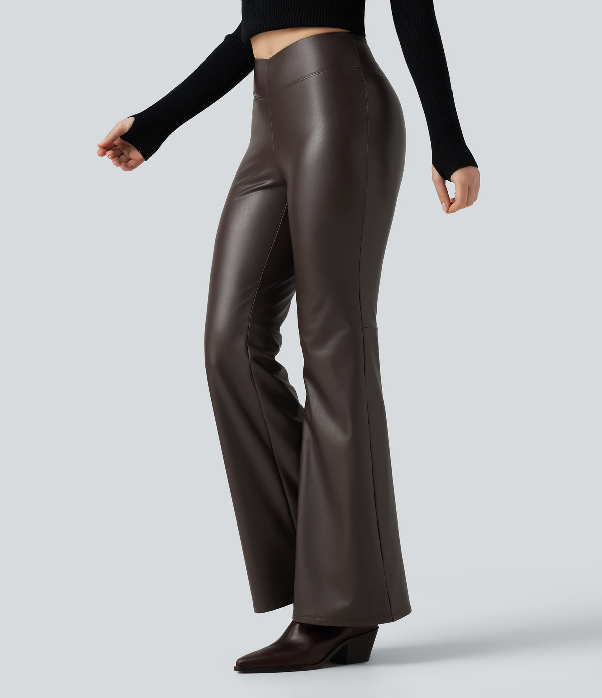 Mid Rise Stretchy PU Fleece Bootcut Casual Trousers with Pocket — Hot Fudge — view 3