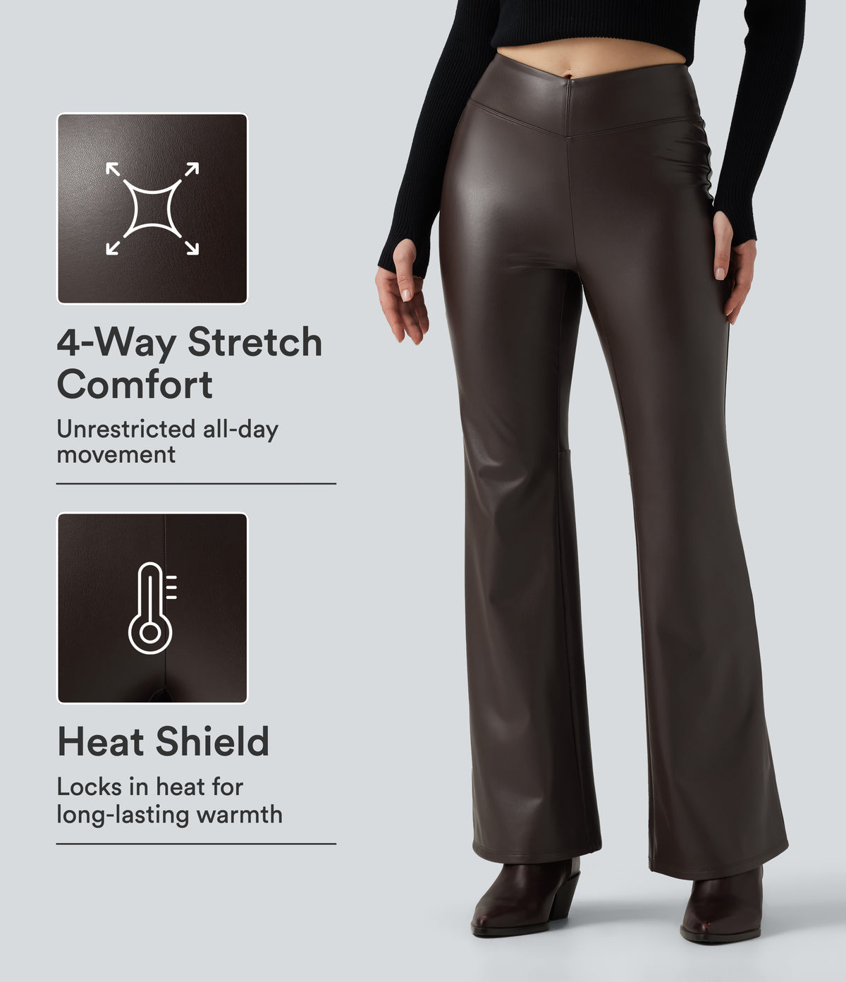 Mid Rise Stretchy PU Fleece Bootcut Casual Trousers with Pocket — Hot Fudge — view 1