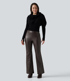 Mid Rise Stretchy PU Fleece Bootcut Casual Trousers with Pocket — Hot Fudge — view 6