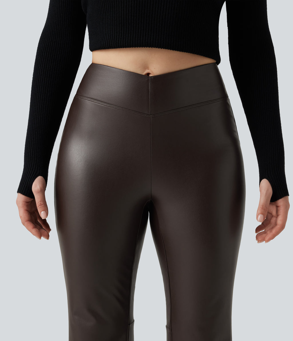 Mid Rise Stretchy PU Fleece Bootcut Casual Trousers with Pocket — Hot Fudge — view 4