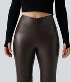 Mid Rise Stretchy PU Fleece Bootcut Casual Trousers with Pocket — Hot Fudge — view 4