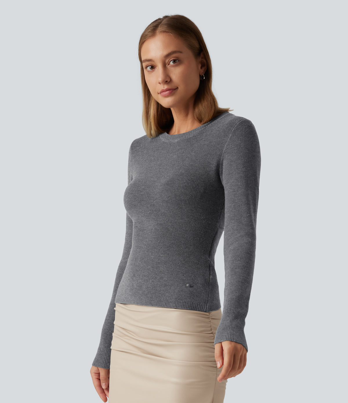 Round Neck Long Sleeve Cut Out Crossover Casual Jumper — Granite Gray — view 5