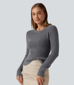 Round Neck Long Sleeve Cut Out Crossover Casual Jumper — Granite Gray — view 3