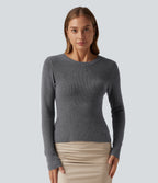 Round Neck Long Sleeve Cut Out Crossover Casual Jumper — Granite Gray — view 2