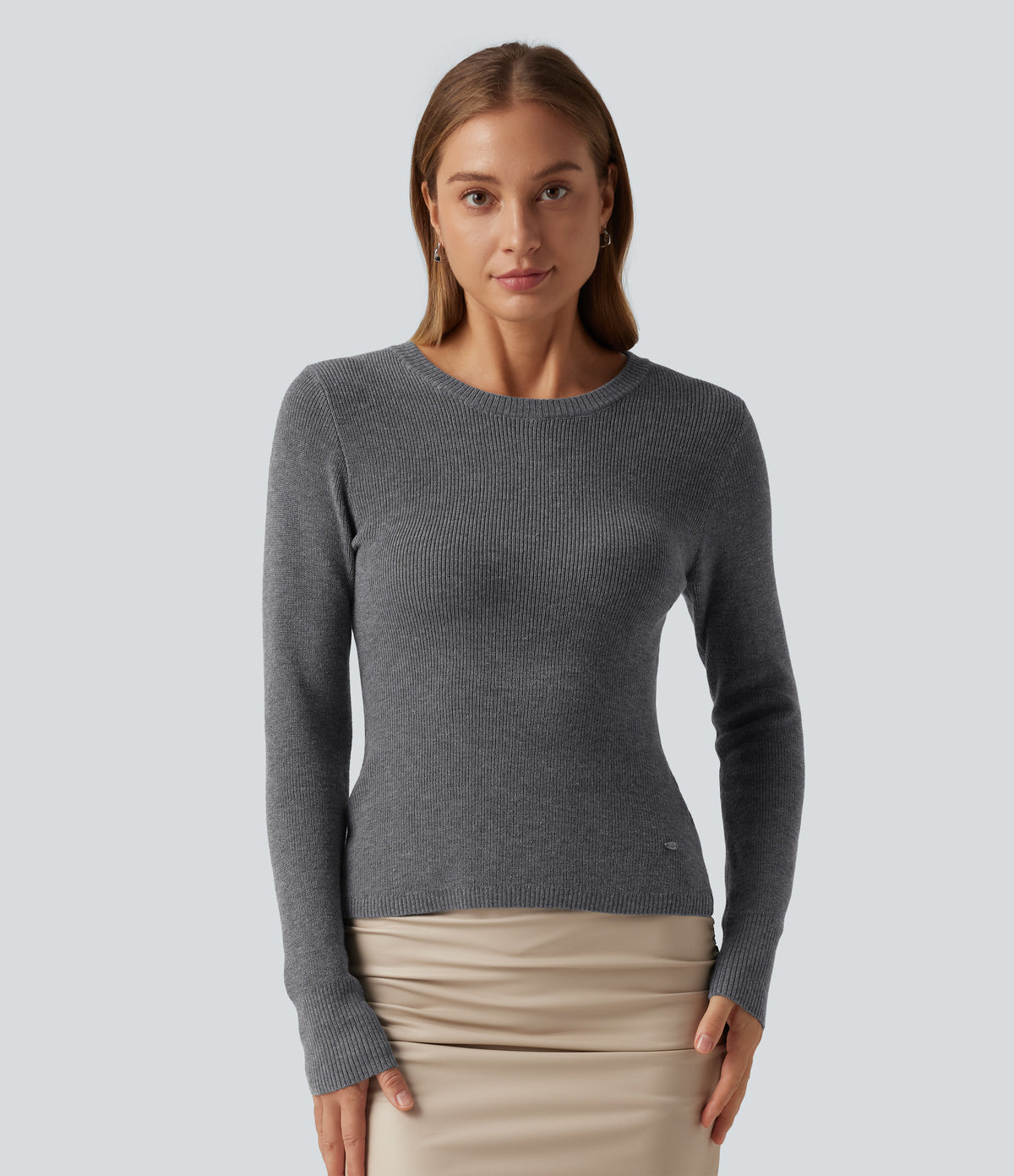 Round Neck Long Sleeve Cut Out Crossover Casual Jumper — Granite Gray — view 2