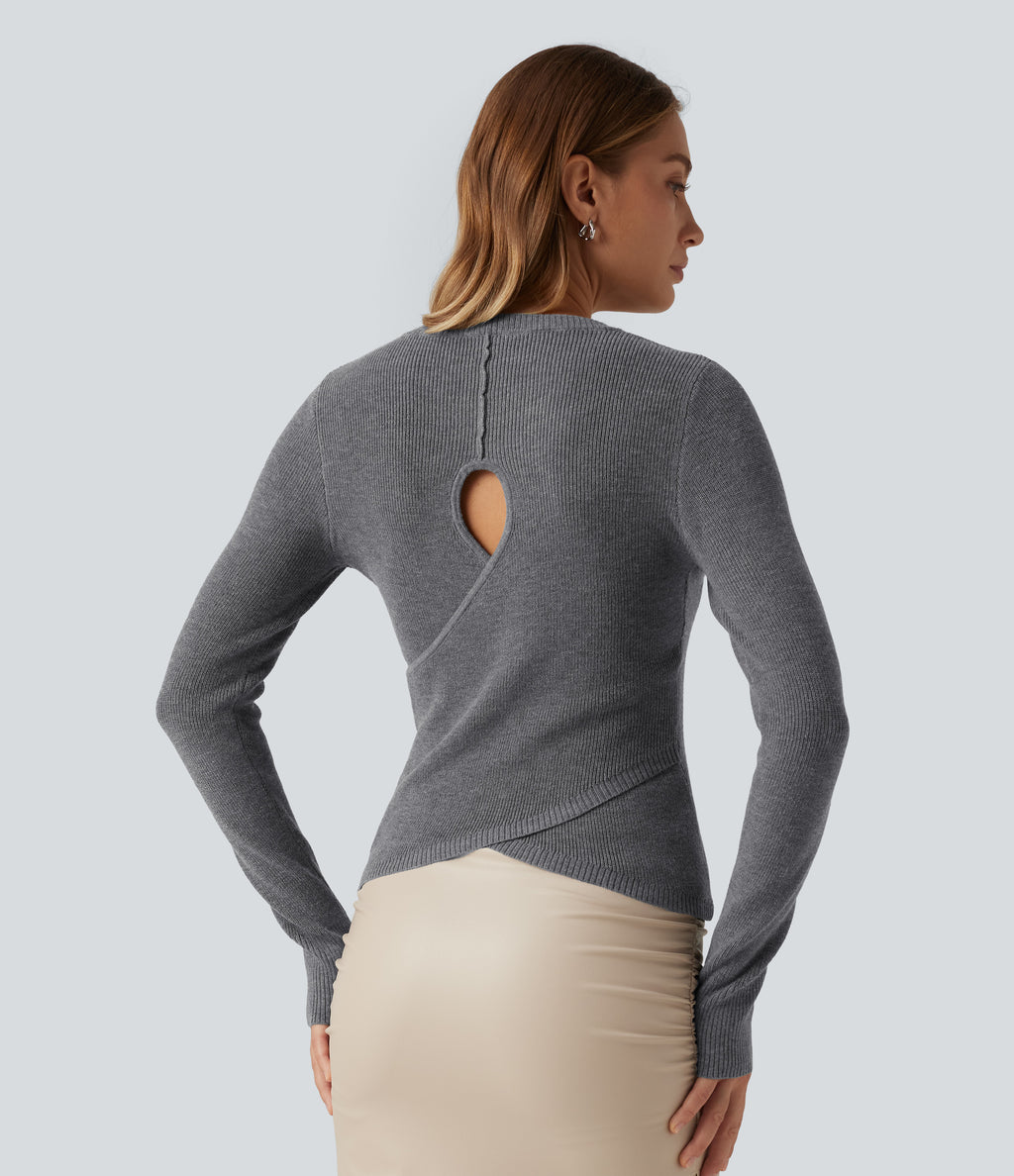 Round Neck Long Sleeve Cut Out Crossover Casual Jumper — Granite Gray — view 1