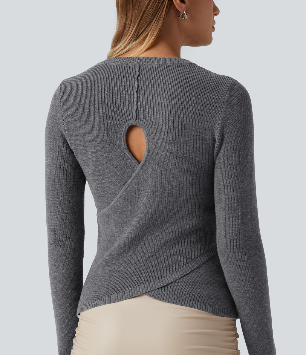 Round Neck Long Sleeve Cut Out Crossover Casual Jumper — Granite Gray — view 6