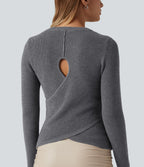 Round Neck Long Sleeve Cut Out Crossover Casual Jumper — Granite Gray — view 6