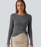 Round Neck Long Sleeve Cut Out Crossover Casual Jumper — Granite Gray — view 4