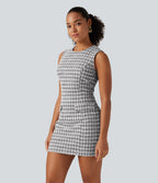 Round Neck Sleeveless Plaid Work Mini Dress — City Grid Plaid — view 3