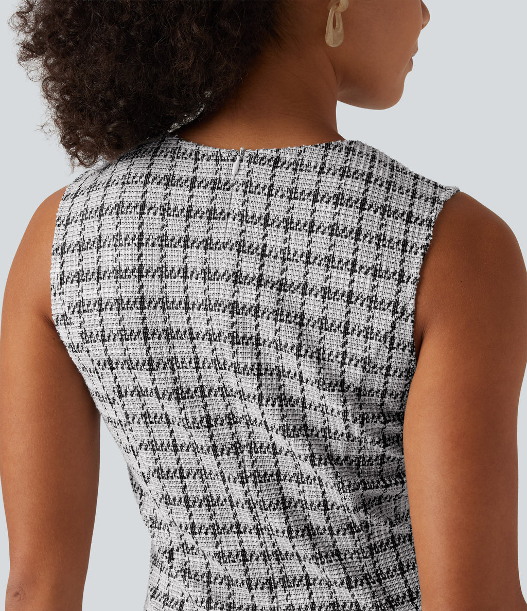 Round Neck Sleeveless Plaid Work Mini Dress — City Grid Plaid — view 5