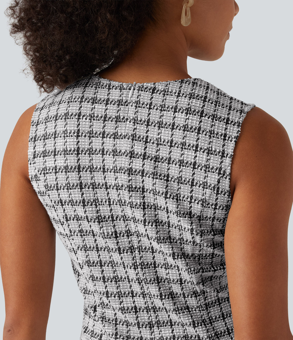 Round Neck Sleeveless Plaid Work Mini Dress — City Grid Plaid — view 5