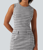 Round Neck Sleeveless Plaid Work Mini Dress — City Grid Plaid — view 4