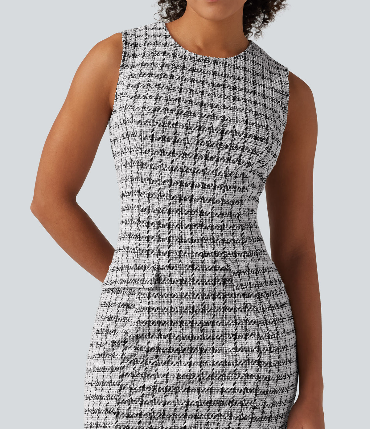 Round Neck Sleeveless Plaid Work Mini Dress — City Grid Plaid — view 4