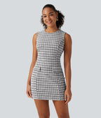 Round Neck Sleeveless Plaid Work Mini Dress — City Grid Plaid — view 1