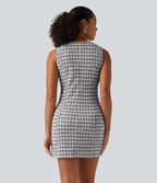 Round Neck Sleeveless Plaid Work Mini Dress — City Grid Plaid — view 2