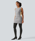 Round Neck Sleeveless Plaid Work Mini Dress — City Grid Plaid — view 6