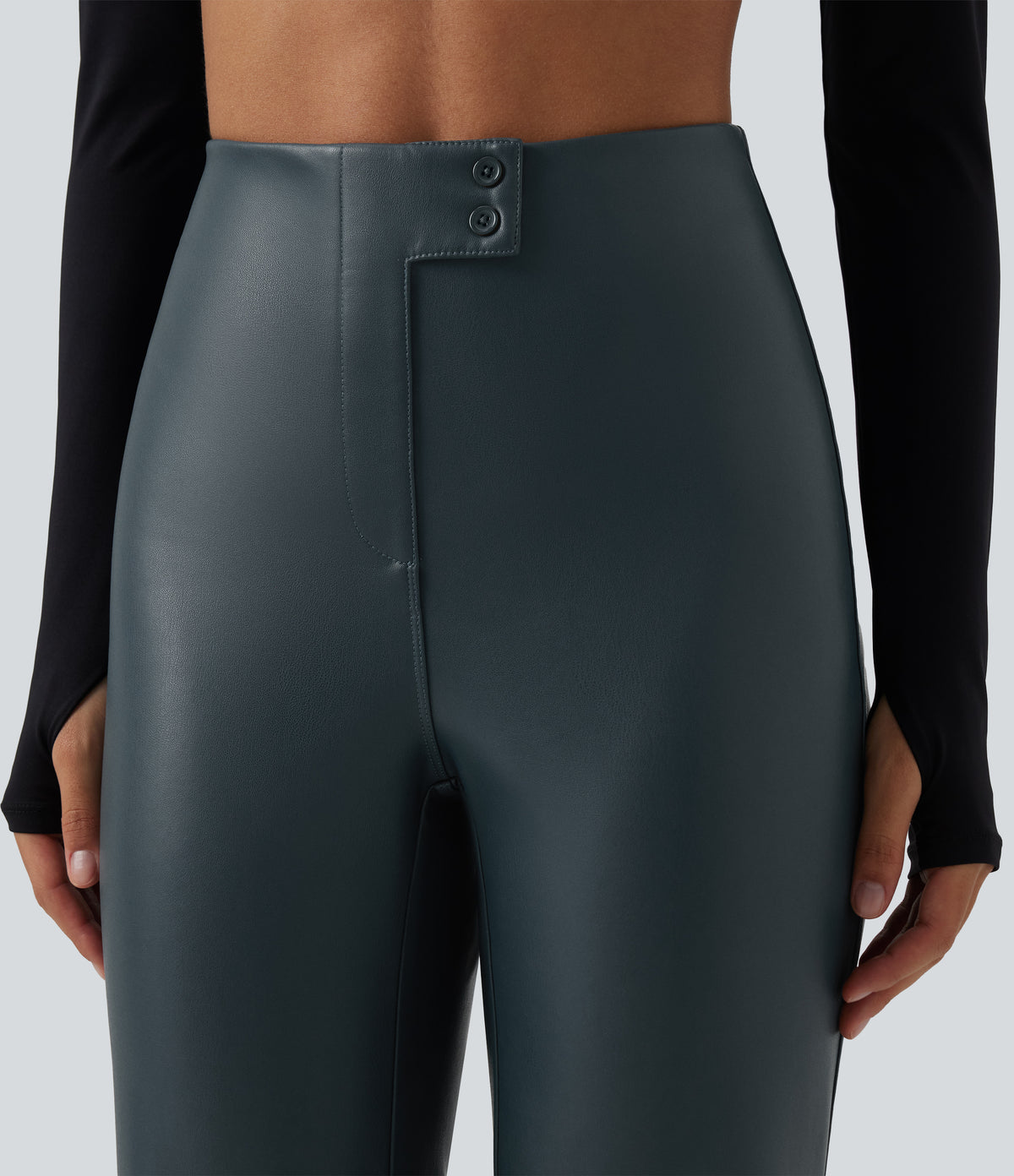 High Waisted Stretchy PU Fleece Casual Bootcut Trousers with Pockets — Stratified Sea — view 4