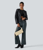 High Waisted Stretchy PU Fleece Casual Bootcut Trousers with Pockets — Stratified Sea — view 7