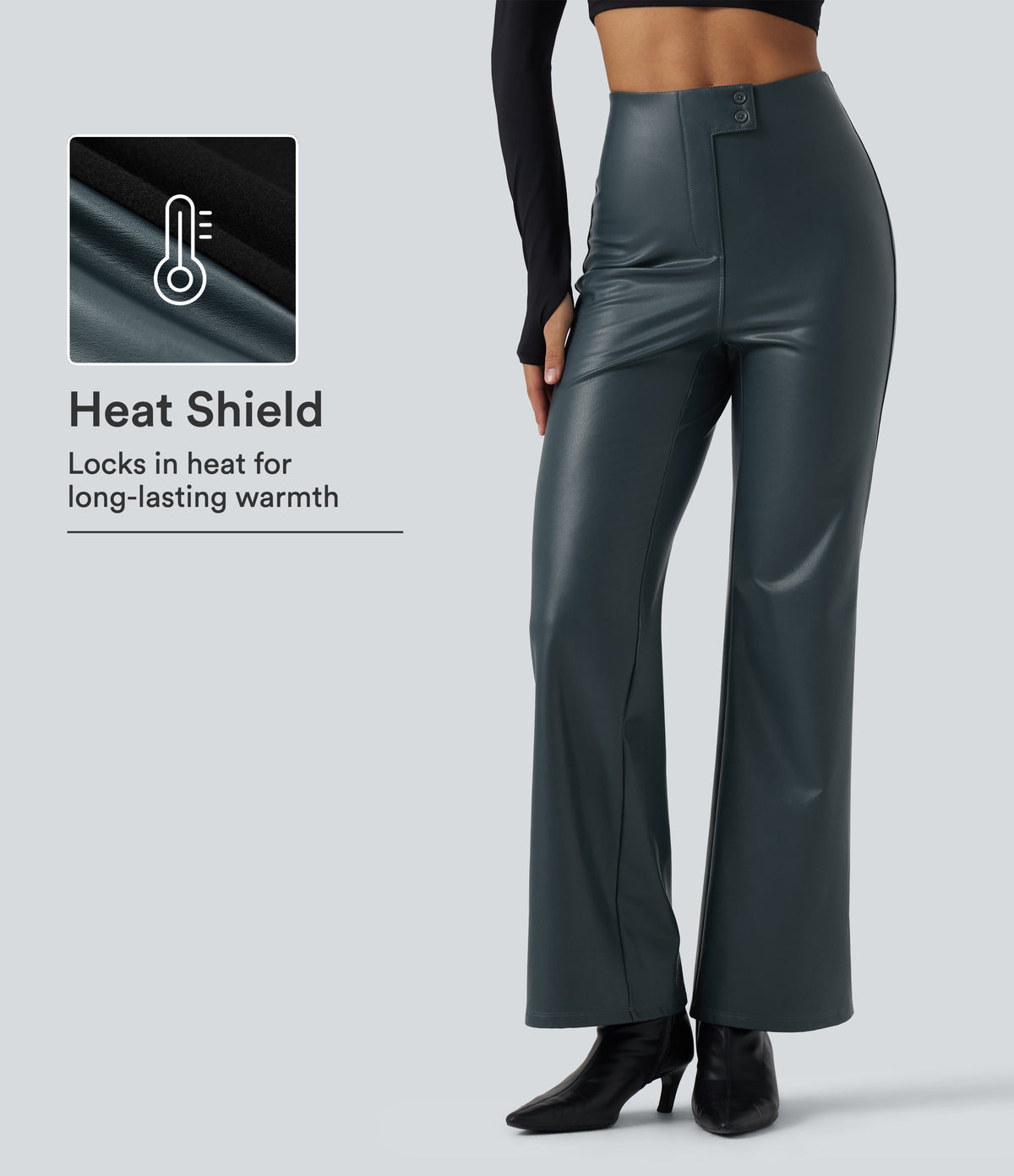 High Waisted Stretchy PU Fleece Casual Bootcut Trousers with Pockets — Stratified Sea — view 1