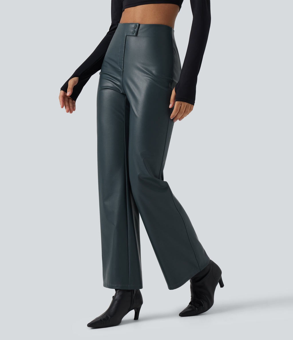 High Waisted Stretchy PU Fleece Casual Bootcut Trousers with Pockets — Stratified Sea — view 3