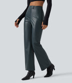 High Waisted Stretchy PU Fleece Casual Bootcut Trousers with Pockets — Stratified Sea — view 3