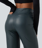 High Waisted Stretchy PU Fleece Casual Bootcut Trousers with Pockets — Stratified Sea — view 5
