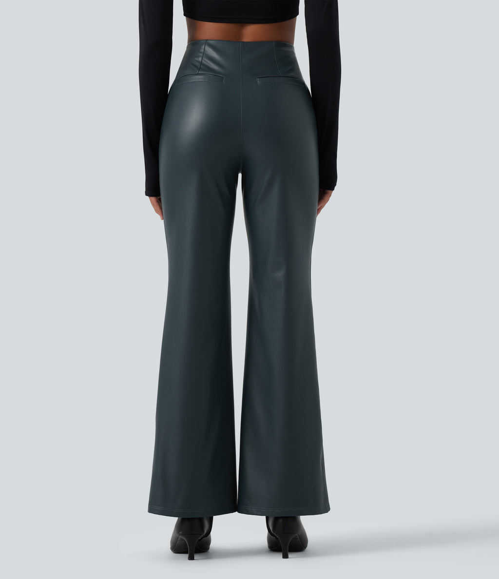 High Waisted Stretchy PU Fleece Casual Bootcut Trousers with Pockets — Stratified Sea — view 2