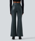 High Waisted Stretchy PU Fleece Casual Bootcut Trousers with Pockets — Stratified Sea — view 2