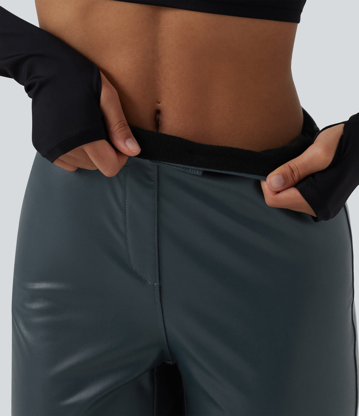 High Waisted Stretchy PU Fleece Casual Bootcut Trousers with Pockets — Stratified Sea — view 6
