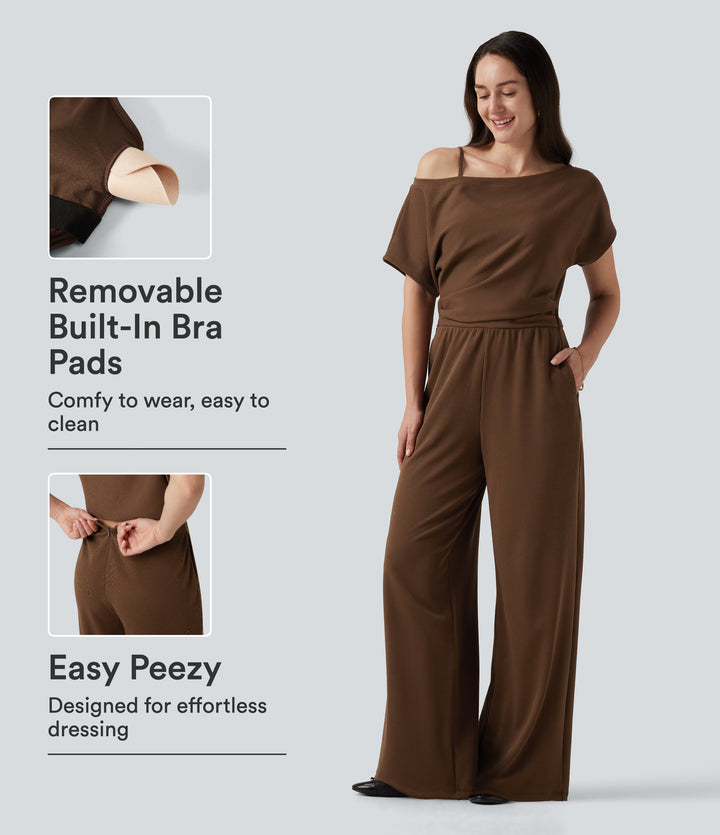 One Shoulder Short Sleeve Asymmetric Casual Jumpsuit with Built-in Bra and Pockets -Edition — Fondue Fudge — view 1