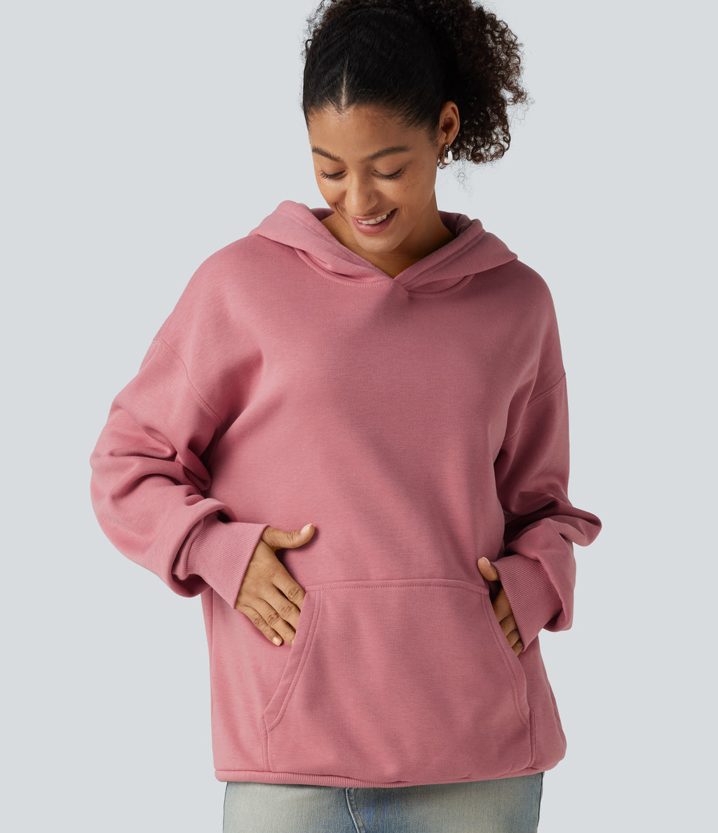 Hooded Long Sleeve Fleece Casual Sweatshirt — Desert Rose — view 7