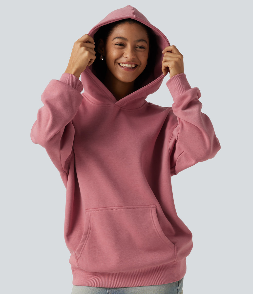 Hooded Long Sleeve Fleece Casual Sweatshirt — Desert Rose — view 8