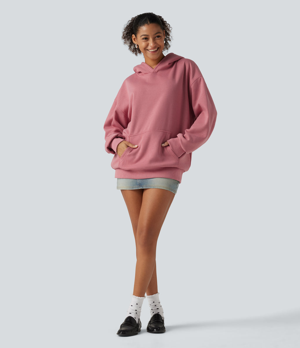 Hooded Long Sleeve Fleece Casual Sweatshirt — Desert Rose — view 4