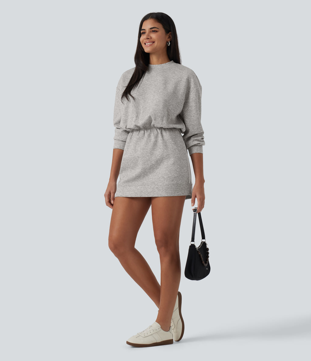 Round Neck Dropped Casual Sweatshirt Mini Dress with Pockets — Fog Gray — view 6