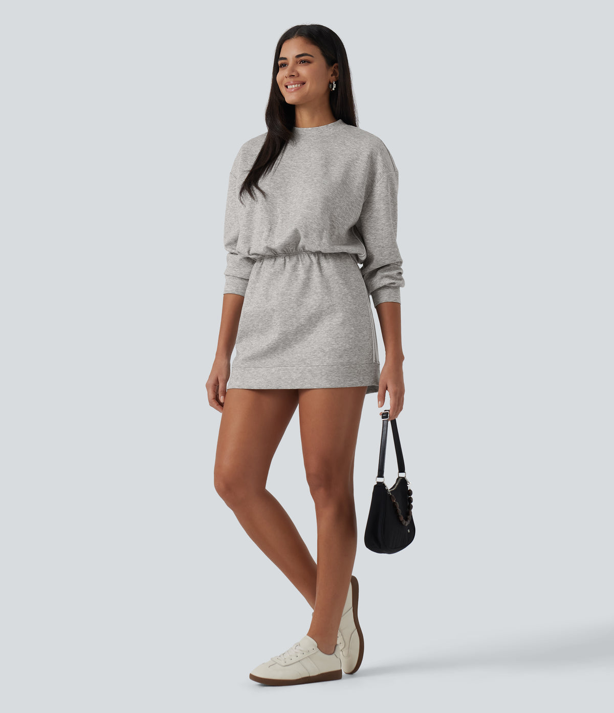 Round Neck Dropped Casual Sweatshirt Mini Dress with Pockets — Fog Gray — view 6