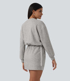 Round Neck Dropped Casual Sweatshirt Mini Dress with Pockets — Fog Gray — view 2