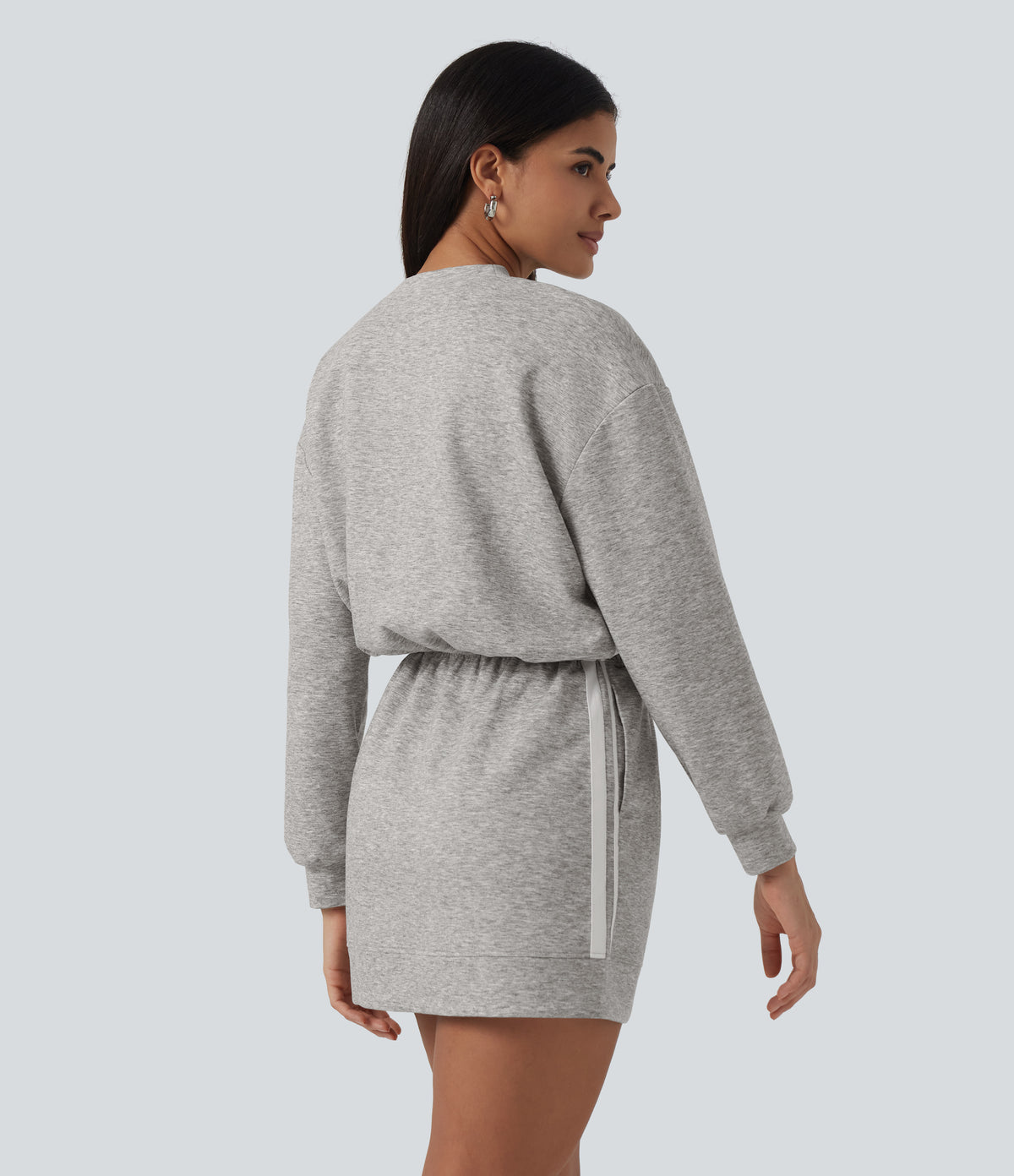 Round Neck Dropped Casual Sweatshirt Mini Dress with Pockets — Fog Gray — view 2