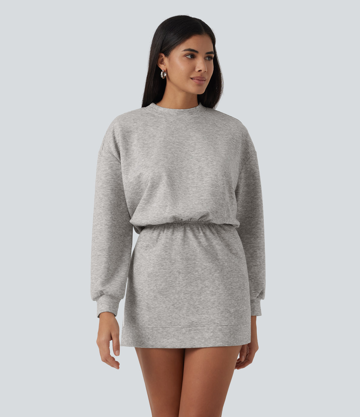 Round Neck Dropped Casual Sweatshirt Mini Dress with Pockets — Fog Gray — view 5