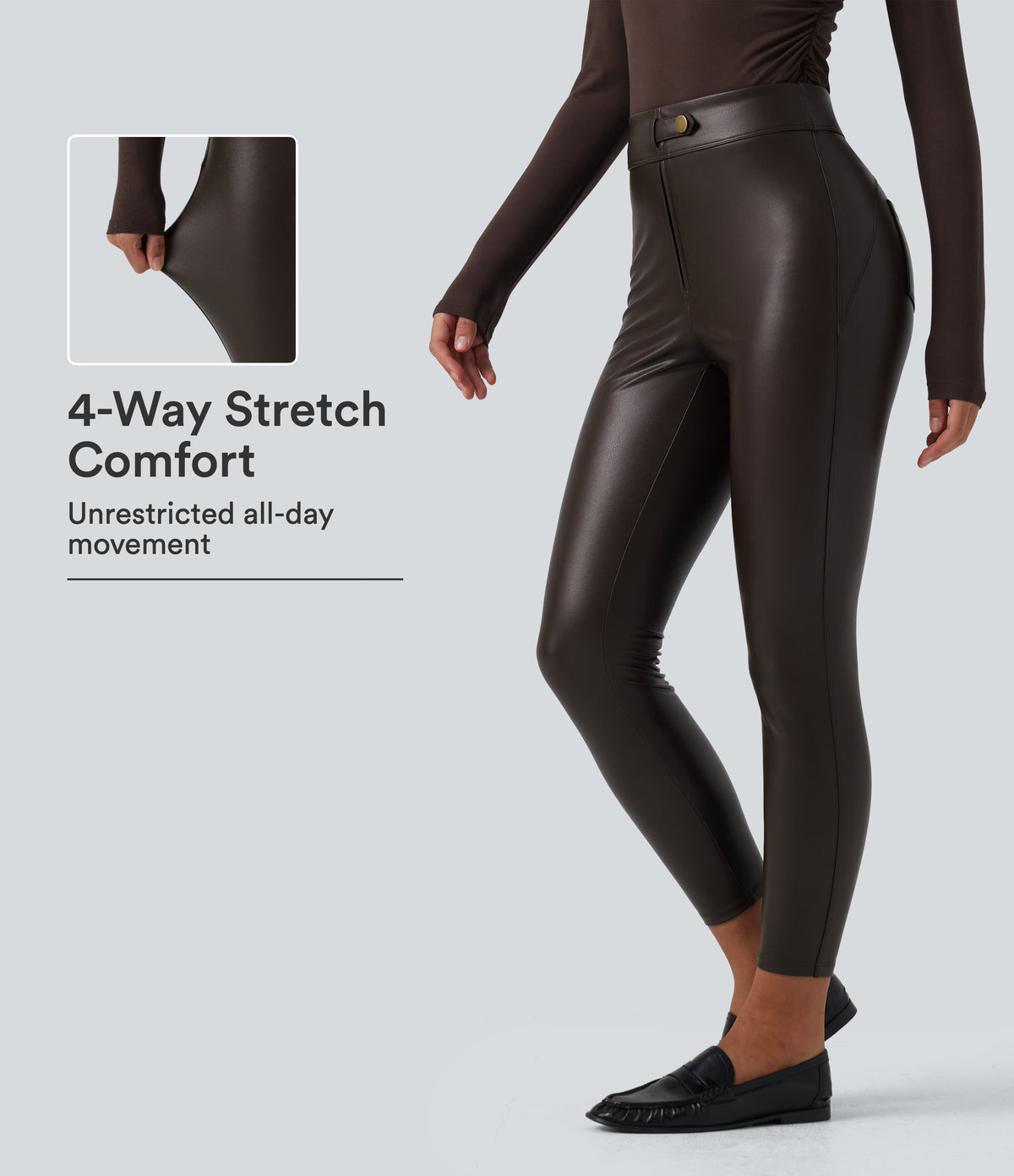 High Waisted Stretchy PU Fleece Casual Leggings with Pockets — Hot Fudge — view 1