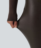 High Waisted Stretchy PU Fleece Casual Leggings with Pockets — Hot Fudge — view 6