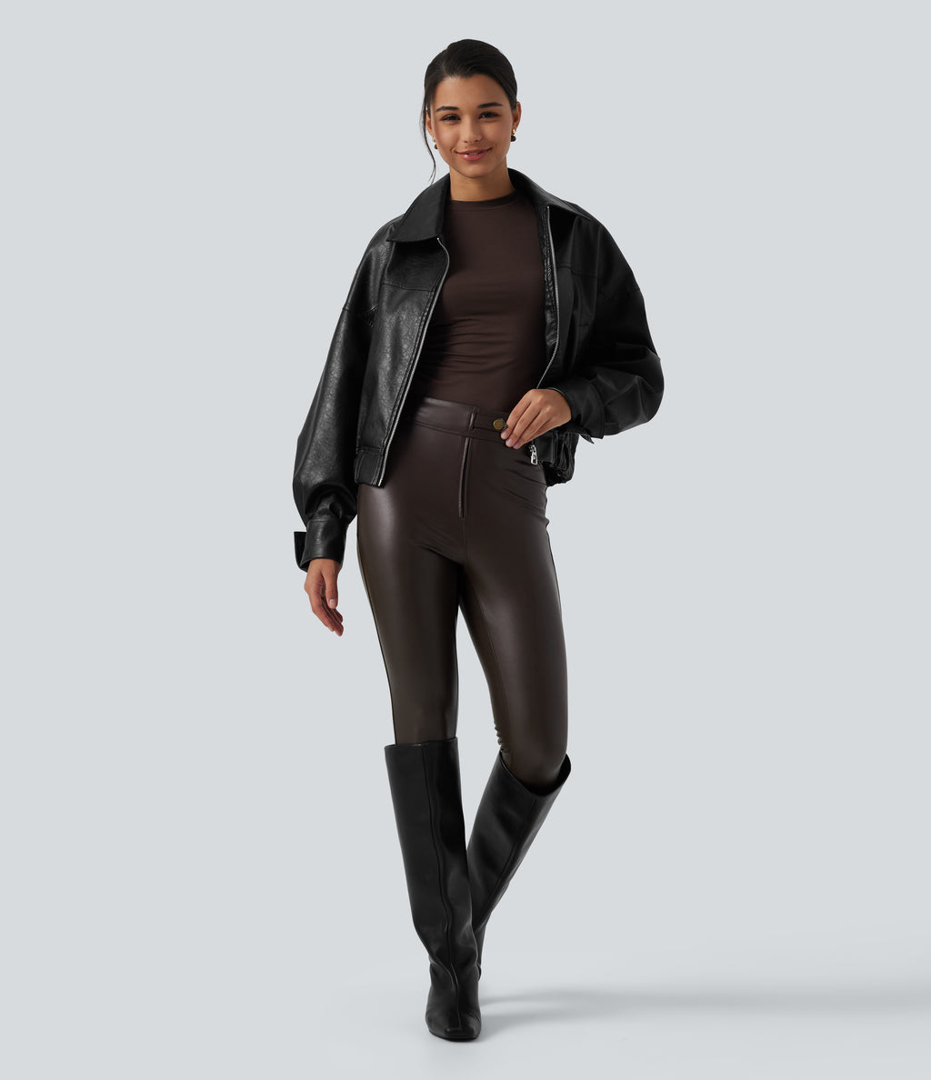 High Waisted Stretchy PU Fleece Casual Leggings with Pockets — Hot Fudge — view 7