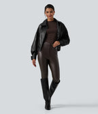 High Waisted Stretchy PU Fleece Casual Leggings with Pockets — Hot Fudge — view 7