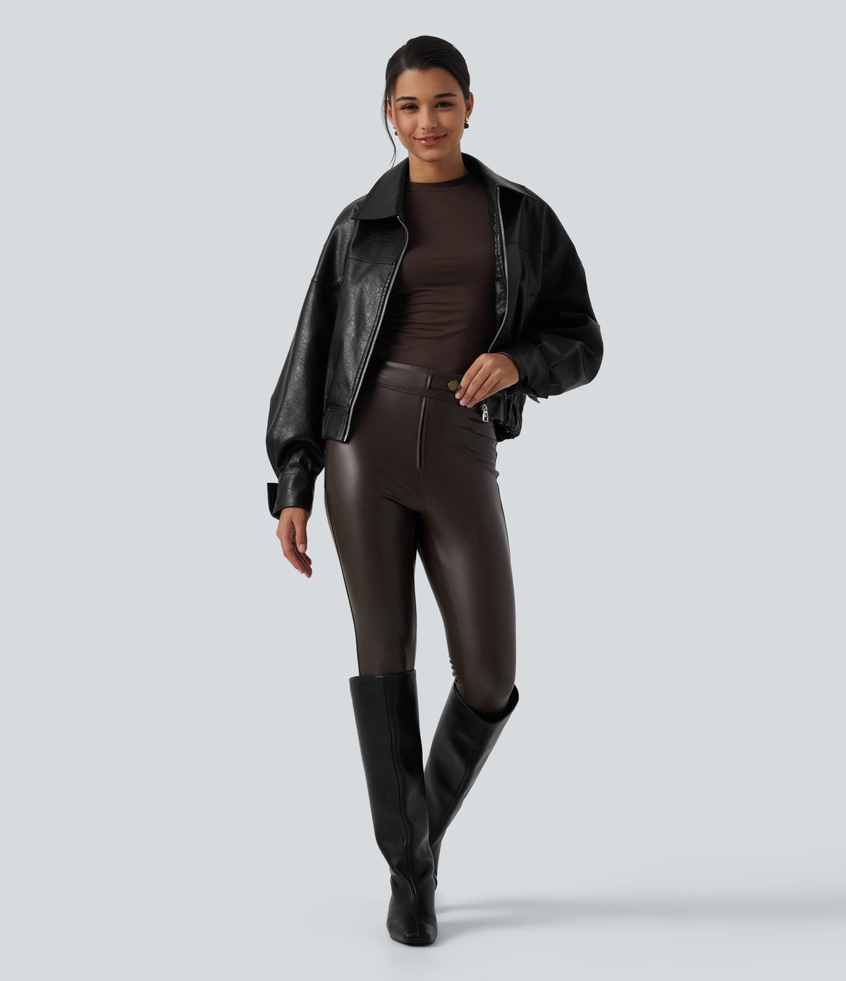 High Waisted Stretchy PU Fleece Casual Leggings with Pockets — Hot Fudge — view 7