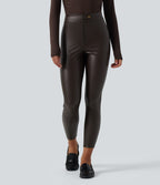 High Waisted Stretchy PU Fleece Casual Leggings with Pockets — Hot Fudge — view 3