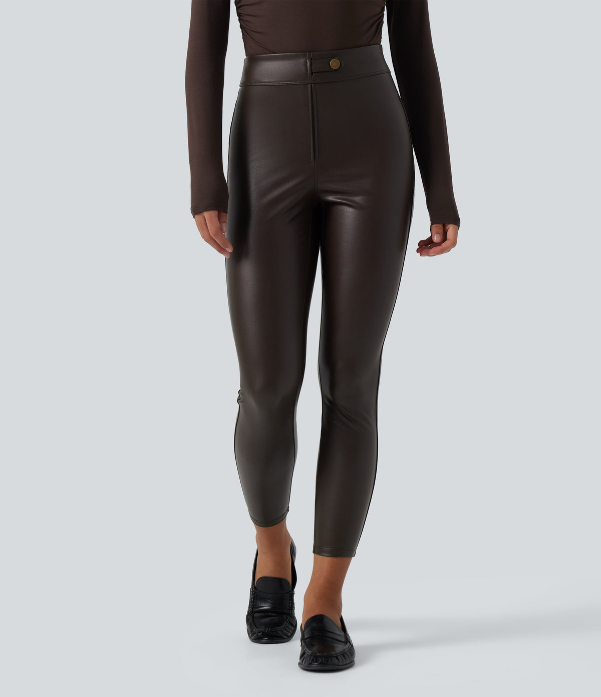 High Waisted Stretchy PU Fleece Casual Leggings with Pockets — Hot Fudge — view 3